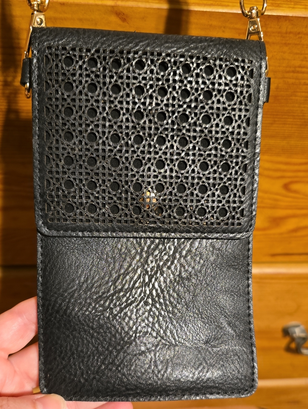 Black Leather Crossbody Phone Pouch with Laser-Cut Flap